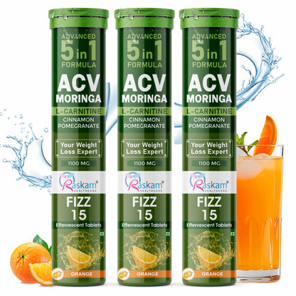 Raskam ACV Moringa 5 in 1 formula Effervescent Tablets Helps To Turn Fat Into Energy | With Carnitine, Pomegranate & Cinnamon | Supports Fat Burn | Weight Loss Drink for Women, Men | No Added Sugar | Orange Flavor | 15 Fizz Tablets (1100mg)