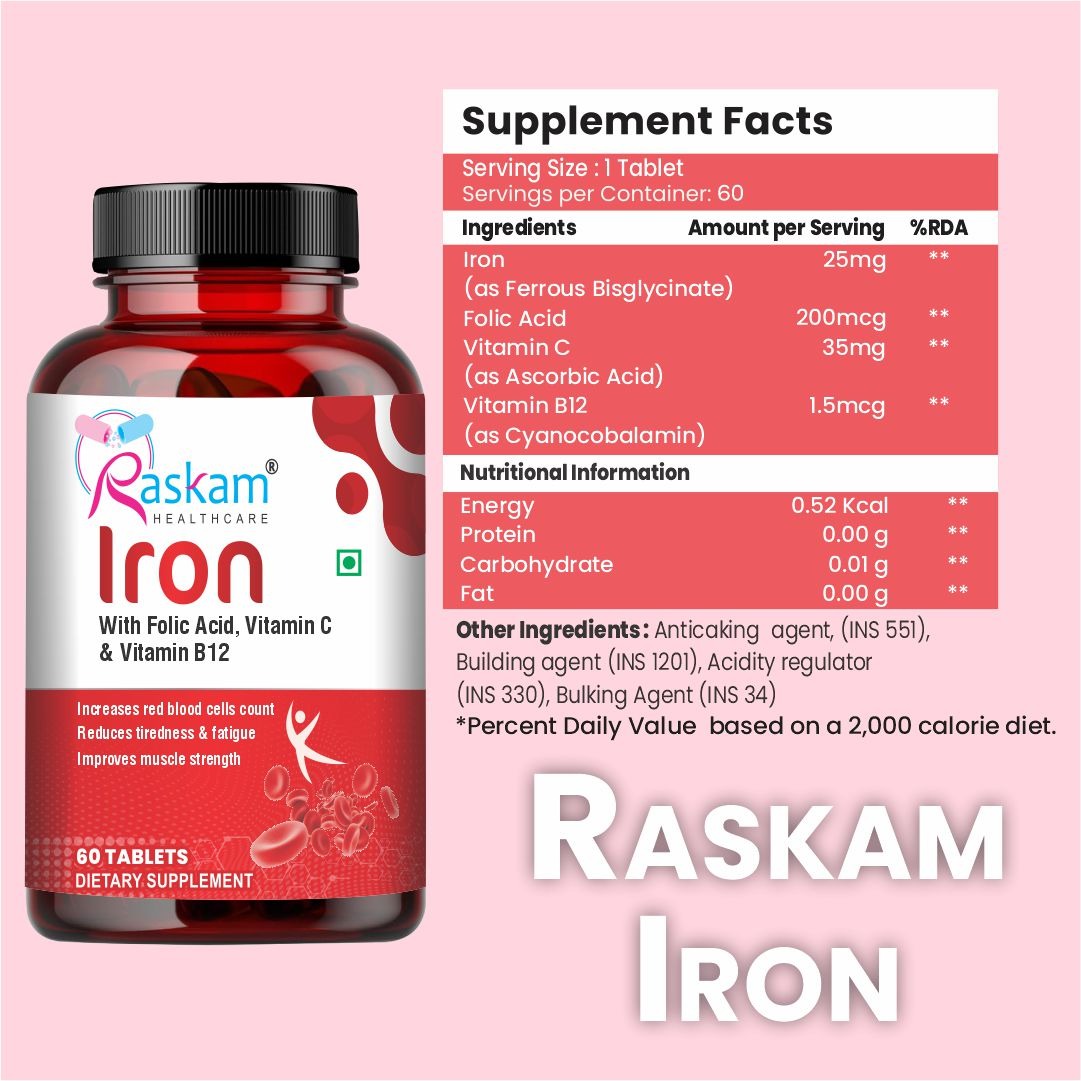 Raskam Iron Supplement with Folic Acid, Vitamin C & Vitamin B12, 60 tablets, Dietary Supplement