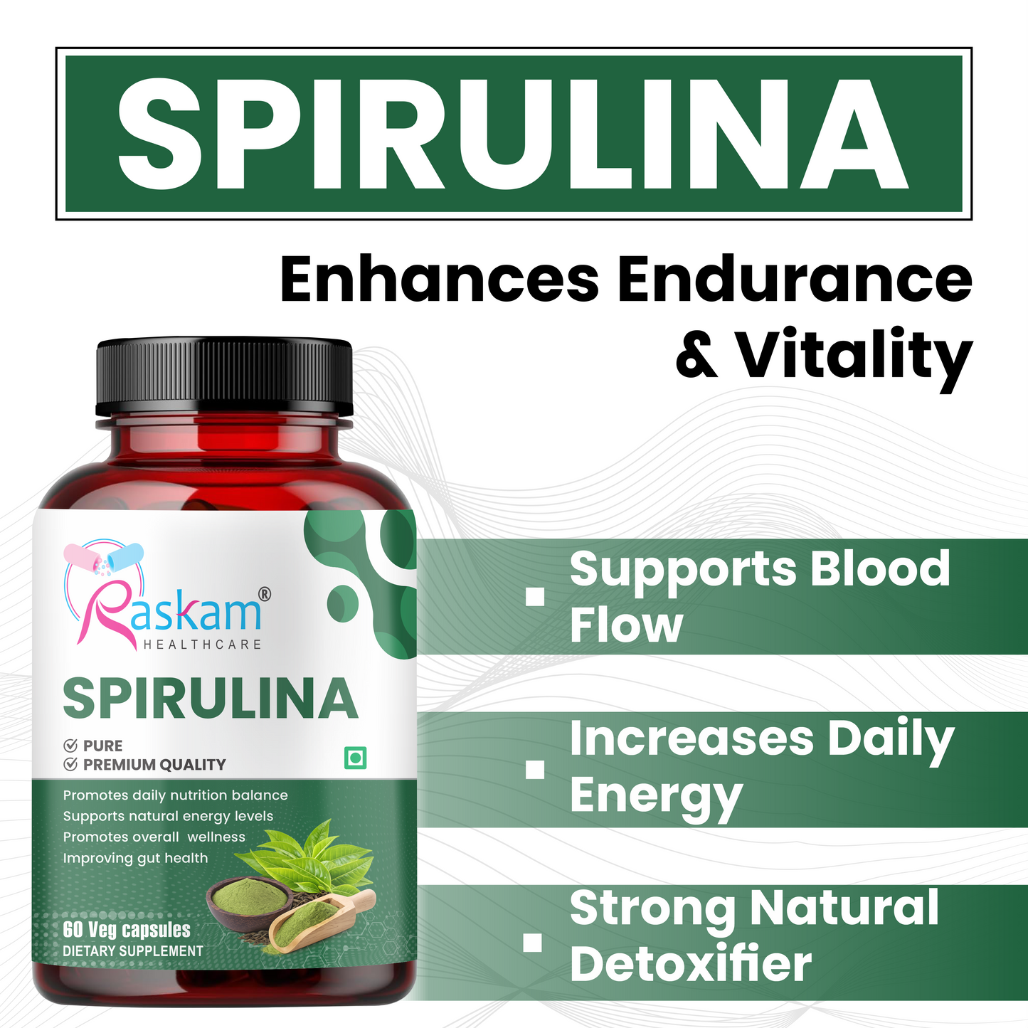 Raskam Spirulina-Super foods 60 capsules - Supports Weight Management & Boosts Immunity | For both Men & Women