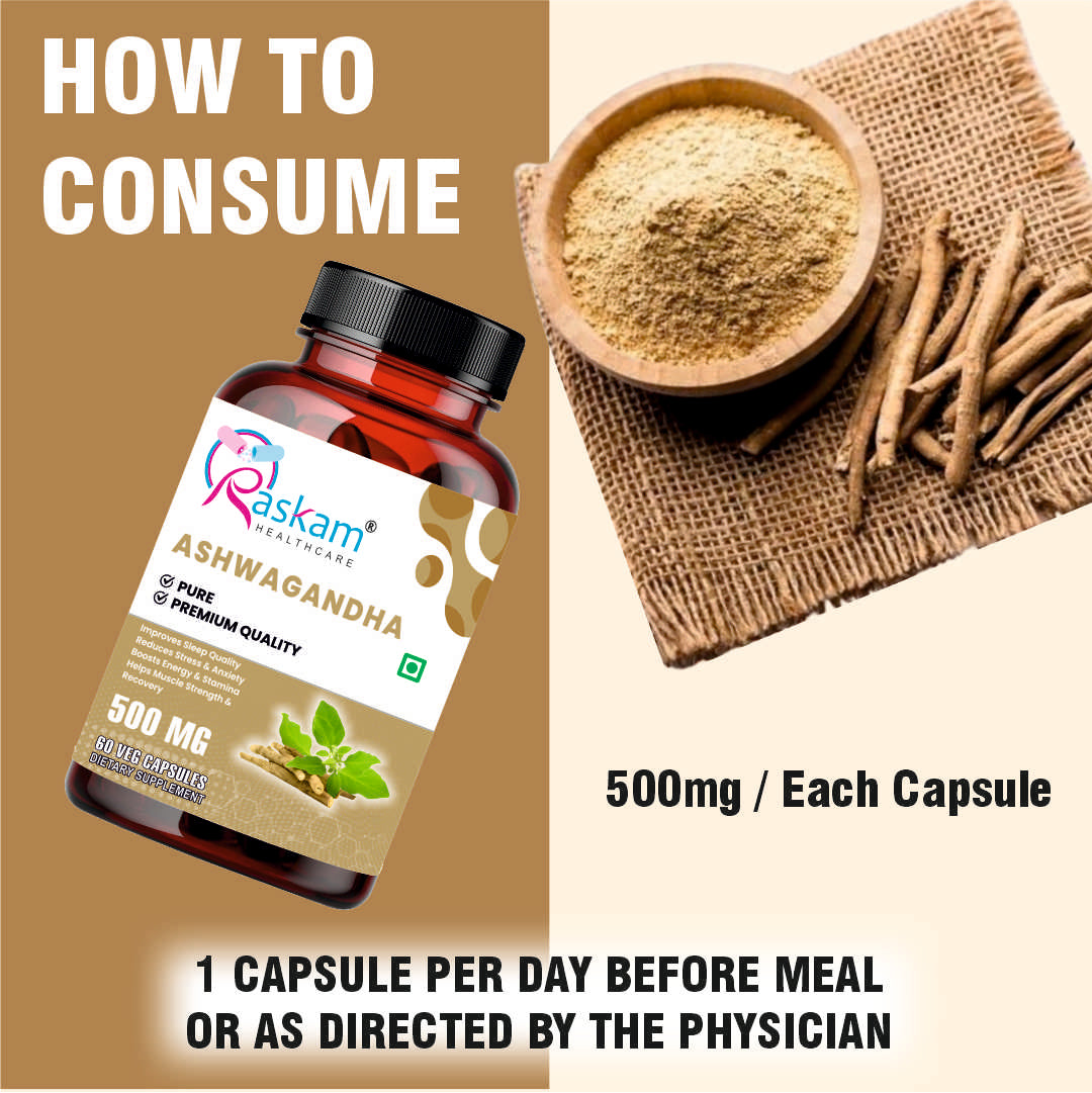 Raskam Ashwagandha - 60 Veg Capsules Boost Energy, Strength, Stamina | Helps Anxiety & Stress Relief For Men & Women