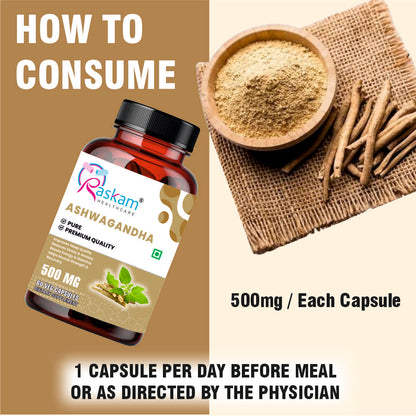 Raskam Ashwagandha - 60 Veg Capsules Boost Energy, Strength, Stamina | Helps Anxiety & Stress Relief For Men & Women