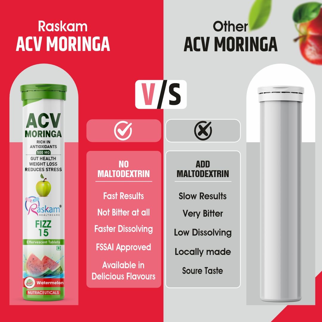 Raskam Apple Cider Vinegar (ACV) Moringa | Master Your Appetite & Boost Immunity | Natural Energy with Antioxidants | No Added Sugar |  Watermelon Flavor | 15 Fizz Tablets (500mg)