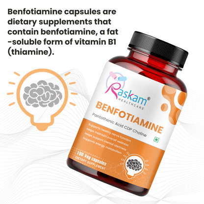 Raskam Benfotiamine+ 600mg  - Antioxidant & Energy Support - Promotes Nerve Health & Metabolic Function - Nutraceutical Supplement 100-Capsules