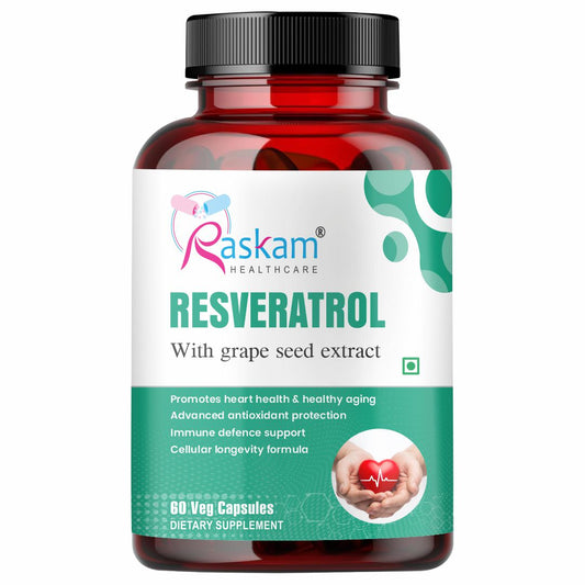 Raskam Resveratrol supplement with grape seed extract | capsules with highly bioavailable | antioxidant support for healthy aging | heart, immune & skin support | 60 veg capsules