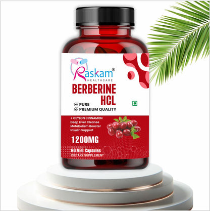 Raskam Healthcare Berberine HCL 1200mg with Ceylon Cinnamon, 60 Vegetarian Capsules, Dietary Supplement