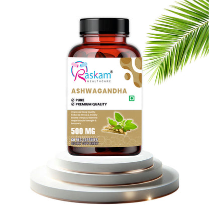 Raskam Ashwagandha - 60 Veg Capsules Boost Energy, Strength, Stamina | Helps Anxiety & Stress Relief For Men & Women