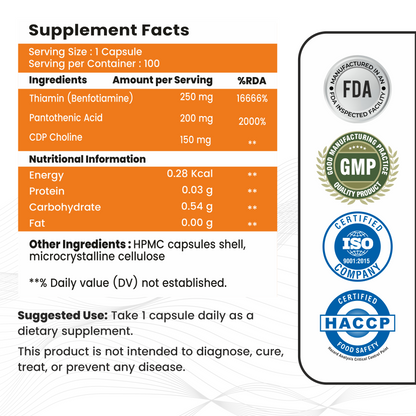 Raskam Benfotiamine+ 600mg  - Antioxidant & Energy Support - Promotes Nerve Health & Metabolic Function - Nutraceutical Supplement 100-Capsules