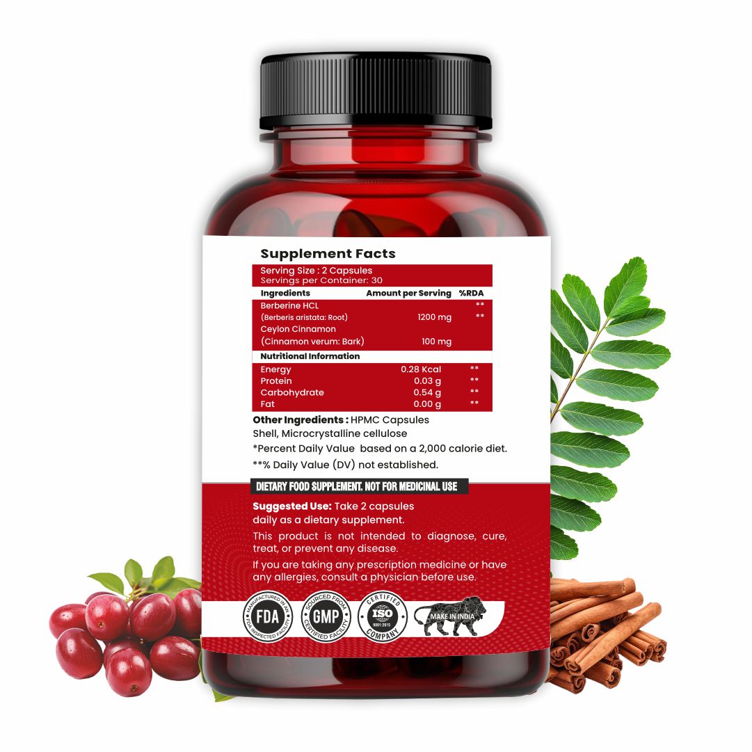 Raskam Healthcare Berberine HCL 1200mg with Ceylon Cinnamon, 60 Vegetarian Capsules, Dietary Supplement