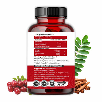 Raskam Healthcare Berberine HCL 1200mg with Ceylon Cinnamon, 60 Vegetarian Capsules, Dietary Supplement