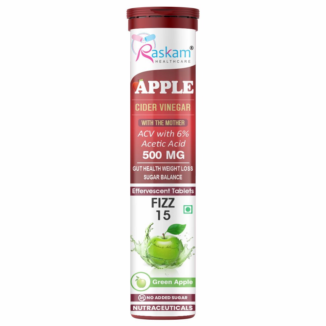 Raskam Apple Cider Vinegar Effervescent Tablets | ACV for Digestion, Gut Health, Metabolism & Weight Management | No Added Sugar | Green Apple Flavor | 15 Fizz Tablets (500mg)