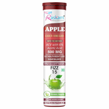 Raskam Apple Cider Vinegar Effervescent Tablets | ACV for Digestion, Gut Health, Metabolism & Weight Management | No Added Sugar | Green Apple Flavor | 15 Fizz Tablets (500mg)