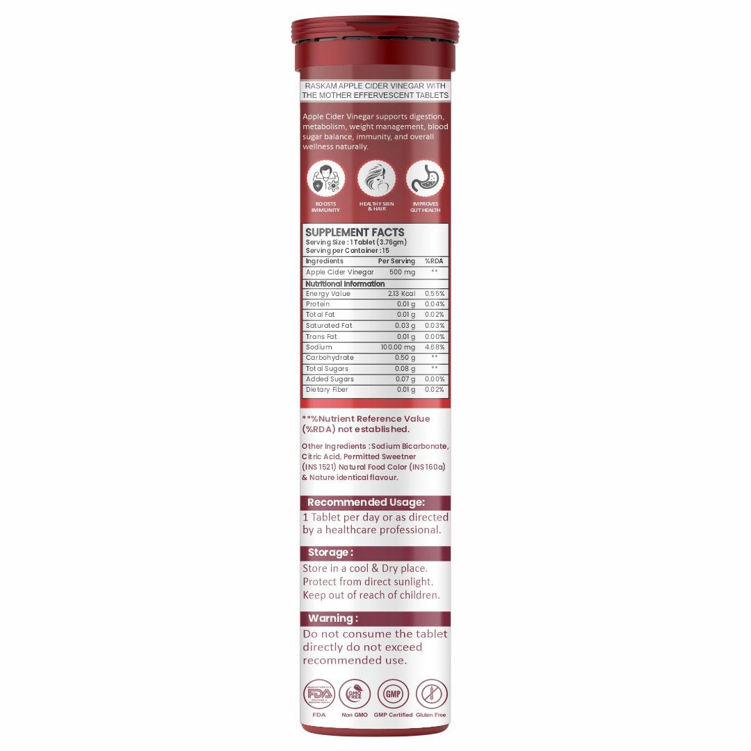 Raskam Apple Cider Vinegar Effervescent Tablets | ACV for Digestion, Gut Health, Metabolism & Weight Management | No Added Sugar | Green Apple Flavor | 15 Fizz Tablets (500mg)