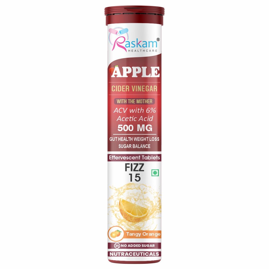 Raskam Apple Cider Vinegar Effervescent Tablets | ACV for Digestion, Gut Health, Metabolism & Weight Management | No Added Sugar | Zesty Orange Flavor | 15 Fizz Tablets (500mg)