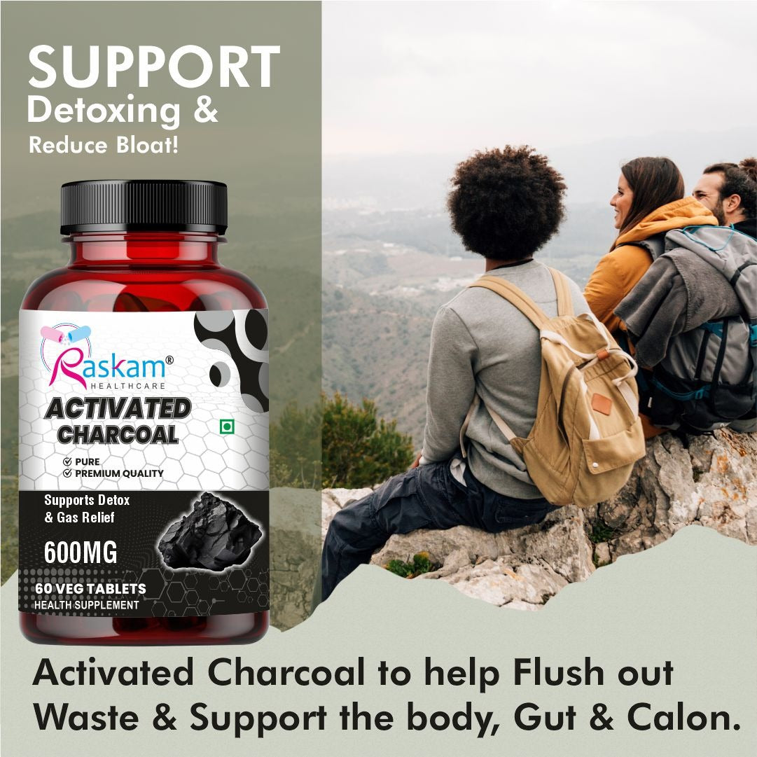 Raskam Activated Charcoal 600mg – natural detox & digestive cleanser | supports bloating relief & gas | 120 vegan tablets