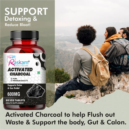 Raskam Activated Charcoal 600mg – natural detox & digestive cleanser | supports bloating relief & gas | 120 vegan tablets