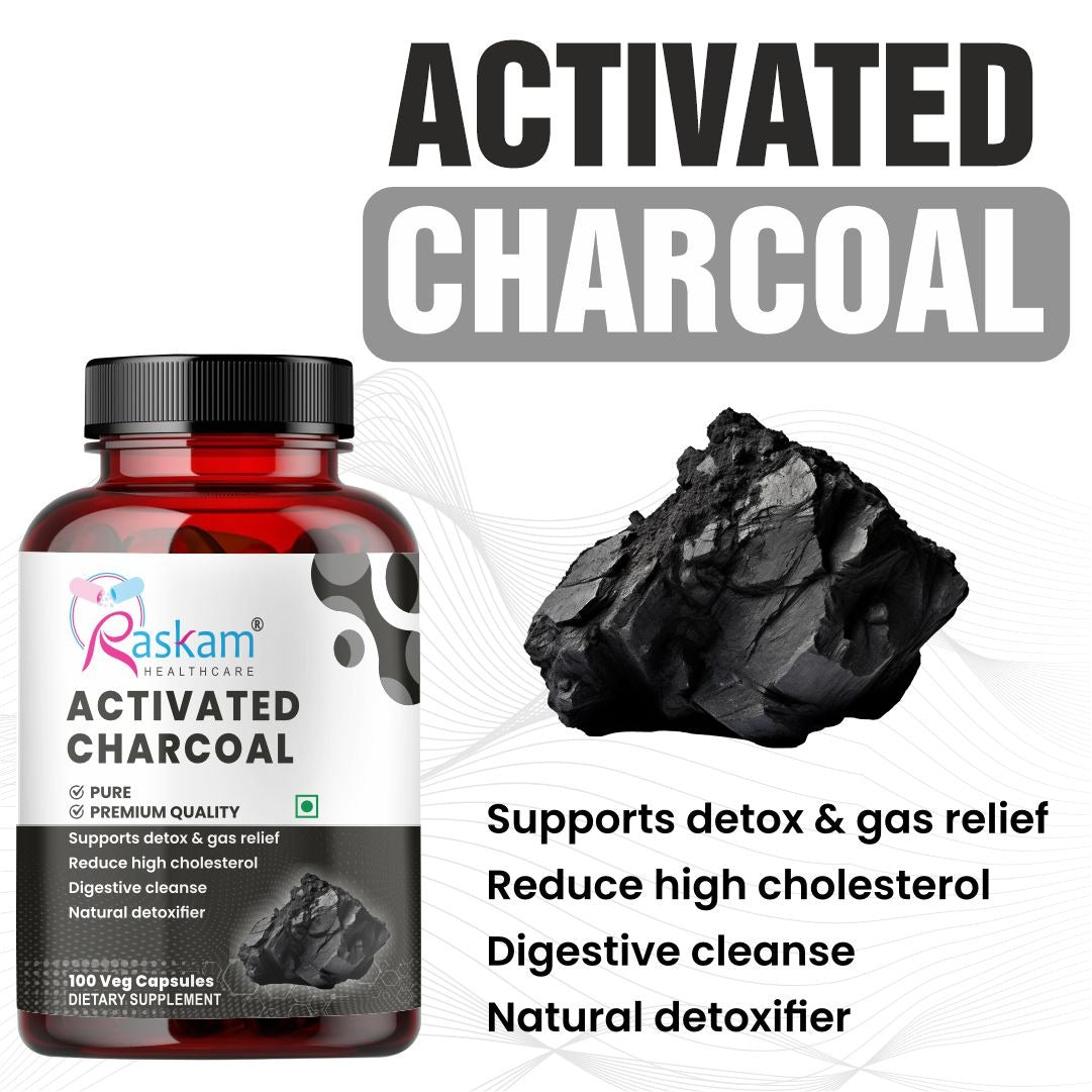 Raskam Activated Charcoal with Apple Cider Vinegar |  Helps in Digestion, Bloating, Liver & Kidney Detox | 100 Veg Capsules