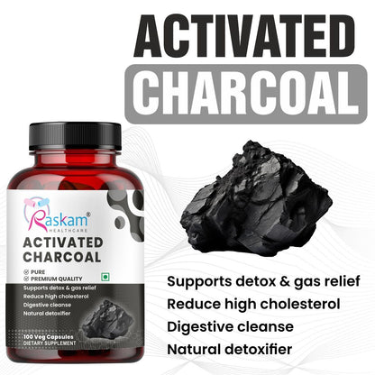 Raskam Activated Charcoal with Apple Cider Vinegar |  Helps in Digestion, Bloating, Liver & Kidney Detox | 100 Veg Capsules