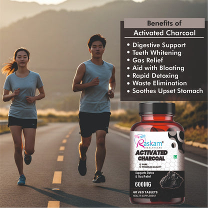 Raskam Activated Charcoal 600mg – natural detox & digestive cleanser | supports bloating relief & gas | 120 vegan tablets