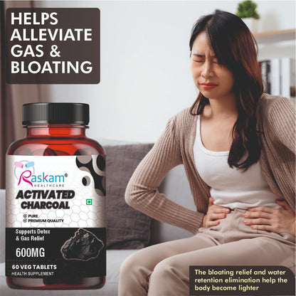 Raskam Activated Charcoal 600mg – natural detox & digestive cleanser | supports bloating relief & gas | 120 vegan tablets