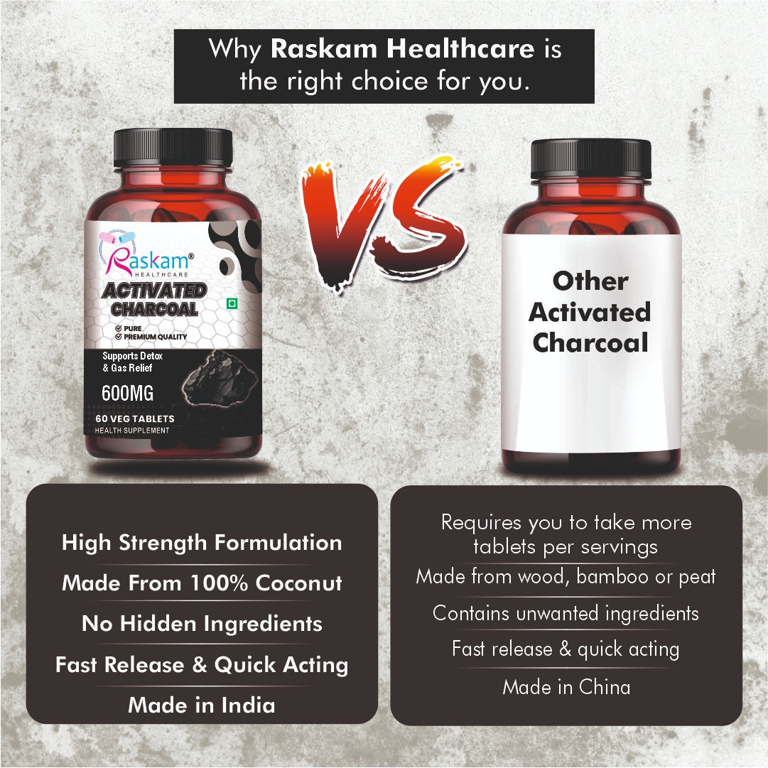 Raskam Activated Charcoal 600mg – natural detox & digestive cleanser | supports bloating relief & gas | 120 vegan tablets