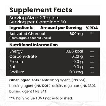 Raskam Activated Charcoal 600mg – natural detox & digestive cleanser | supports bloating relief & gas | 120 vegan tablets