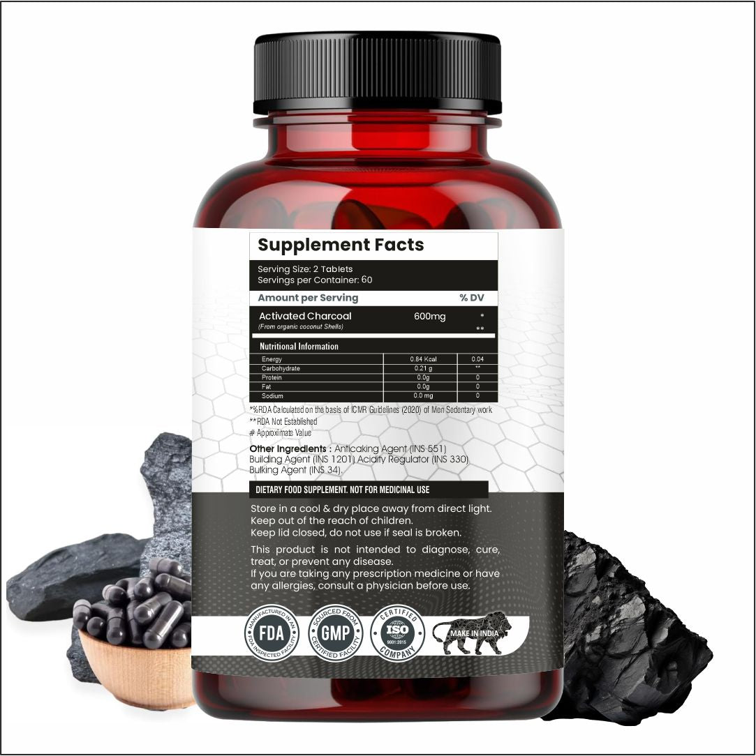 Raskam Activated Charcoal 600mg – natural detox & digestive cleanser | supports bloating relief & gas | 120 vegan tablets