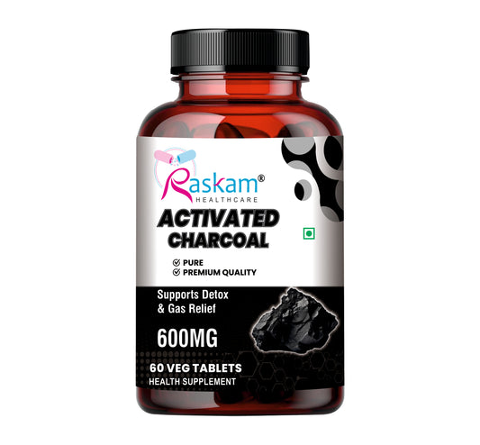Raskam Activated Charcoal 600mg – natural detox & digestive cleanser | supports bloating relief & gas | 120 vegan tablets