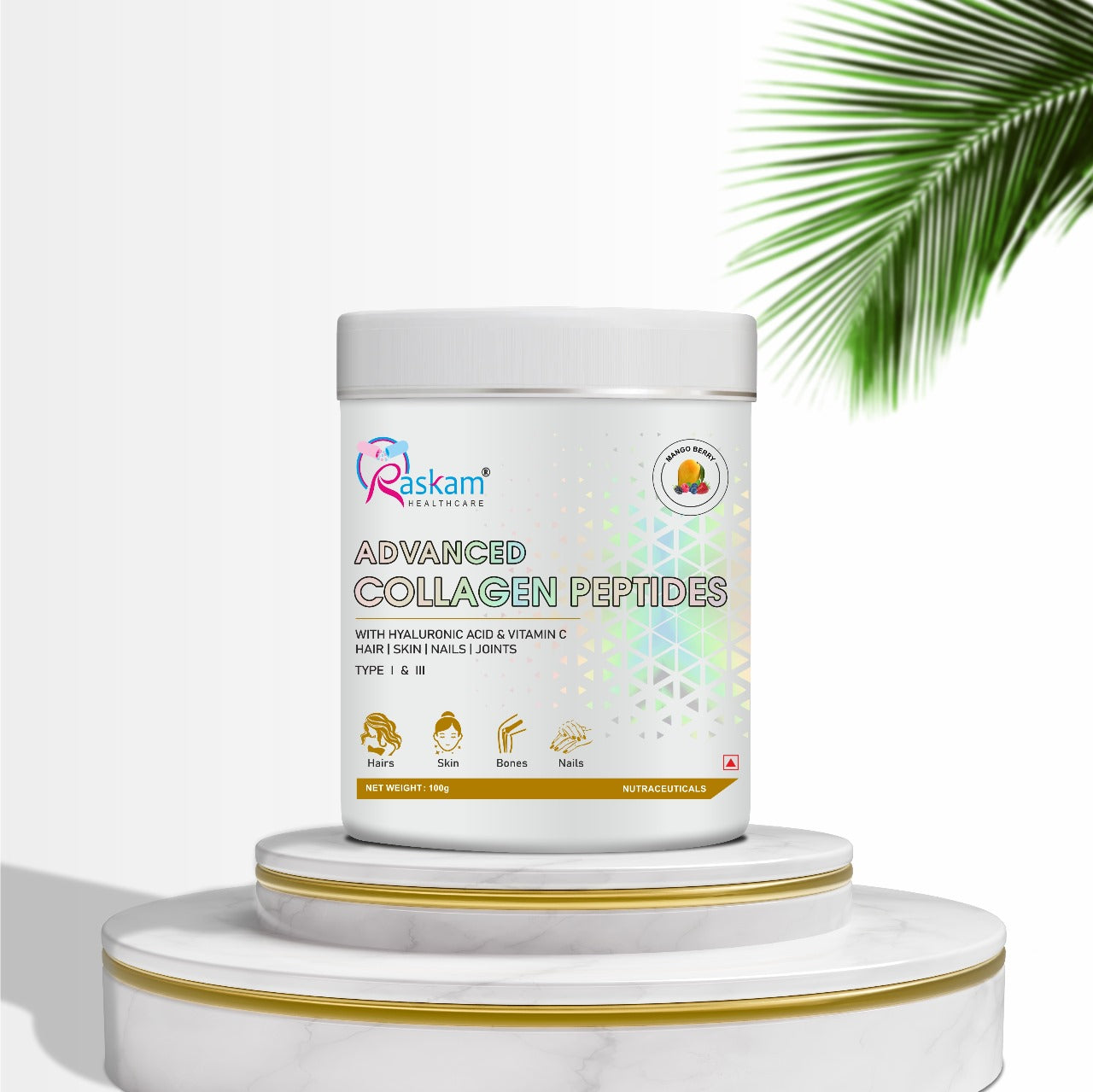Raskam Advanced Collagen Peptides Powder for Men & Women | Collagen Powder with Biotin, Vitamins C & E for Hair, Nails, Skin Radiance & Anti-Aging Flav- Mango Berry (100gm , 265 gm)