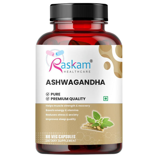 Raskam Ashwagandha - 60 Veg Capsules Boost Energy, Strength, Stamina | Helps Anxiety & Stress Relief For Men & Women
