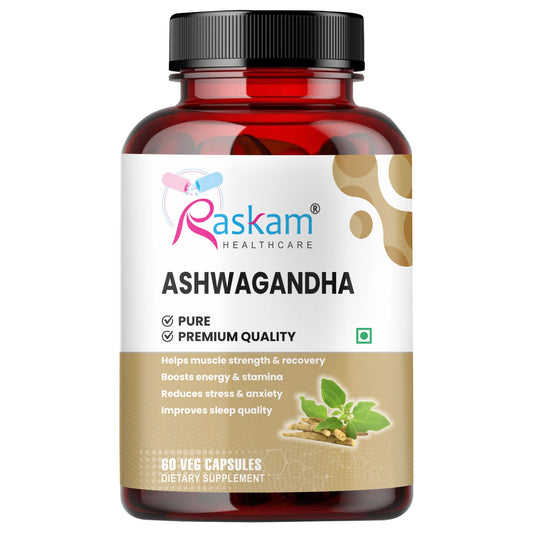 Raskam Ashwagandha - 60 Veg Capsules Boost Energy, Strength, Stamina | Helps Anxiety & Stress Relief For Men & Women