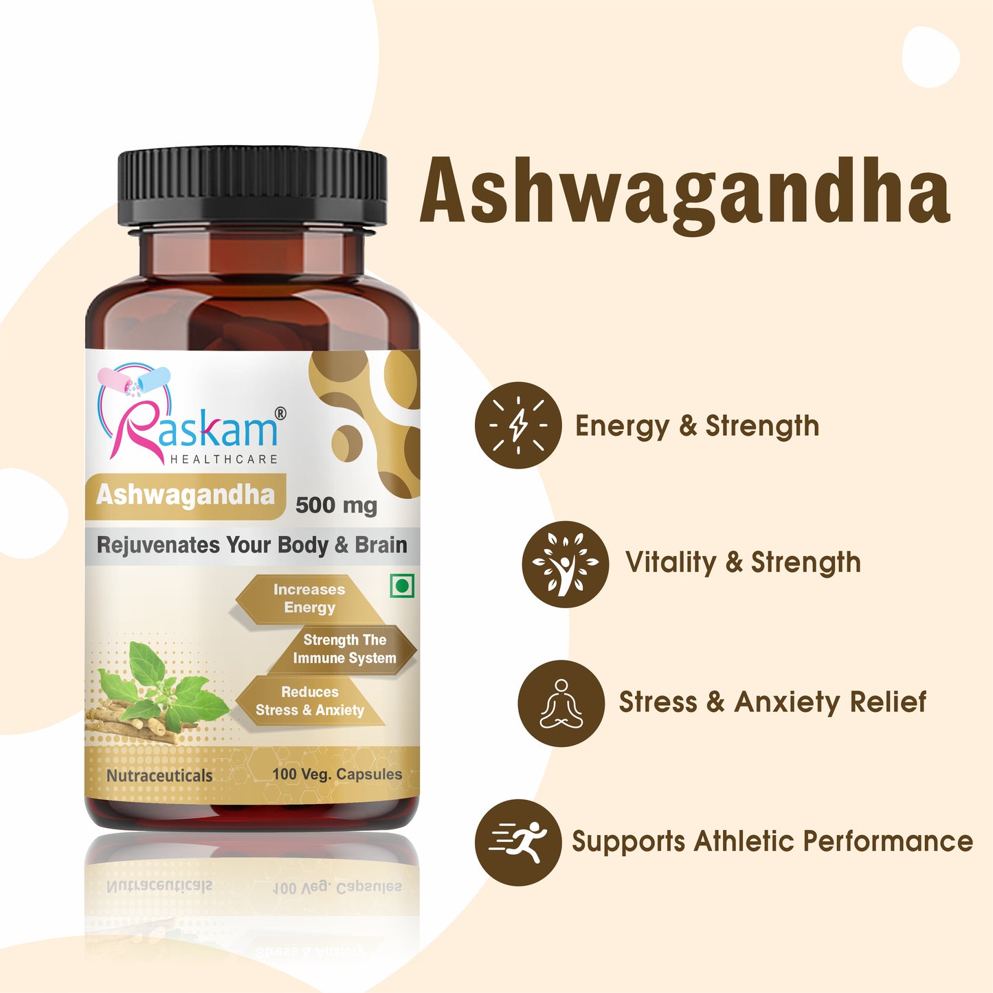Raskam Ashwagandha - 60 Veg Capsules Boost Energy, Strength, Stamina | Helps Anxiety & Stress Relief For Men & Women