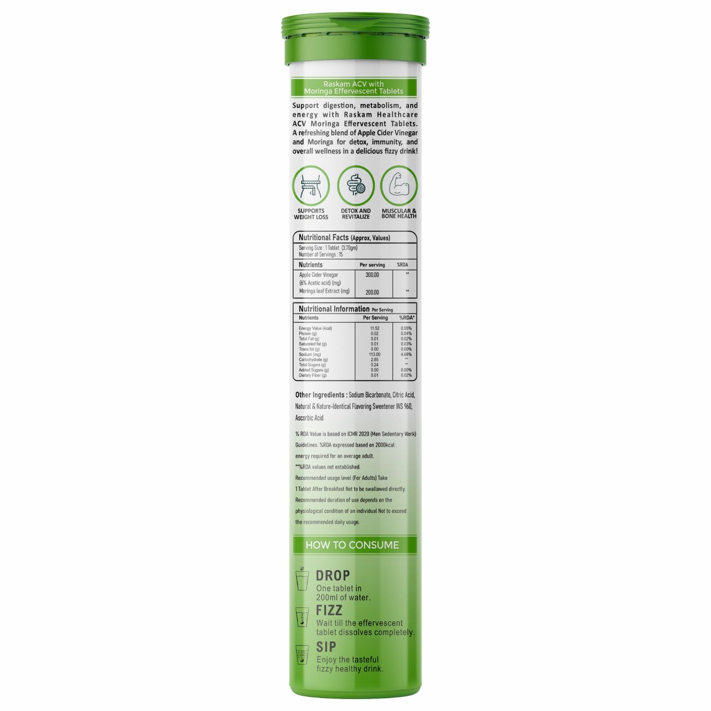 Raskam Apple Cider Vinegar (ACV) Moringa | Master Your Appetite & Boost Immunity | Natural Energy with Antioxidants | No Added Sugar |  Watermelon Flavor | 15 Fizz Tablets (500mg)