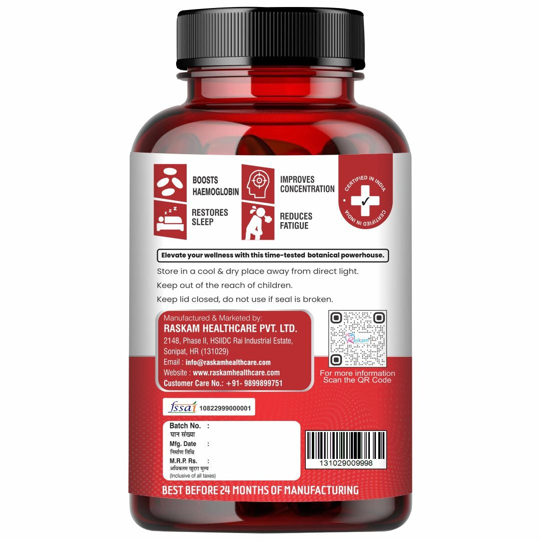 Raskam Iron Supplement with Folic Acid, Vitamin C & Vitamin B12, 60 tablets, Dietary Supplement