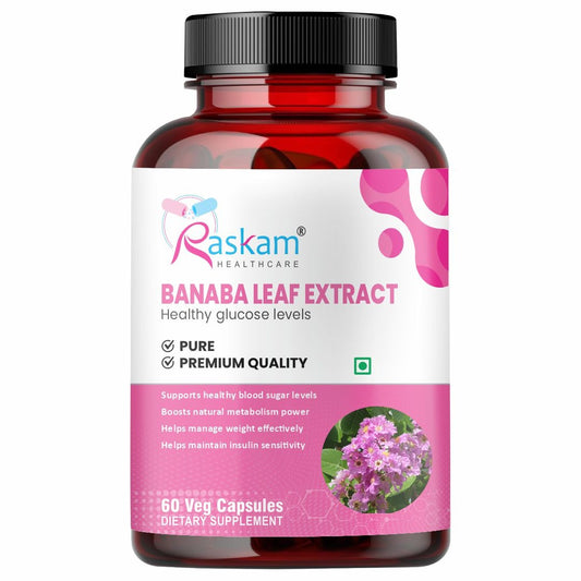 Raskam Banaba Leaf Extract 60- Veg Capsules (Non-GMO & Gluten Free) - Supports Healthy Blood Sugar Levels