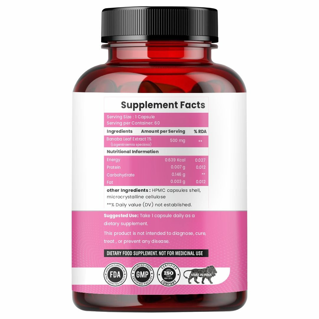 Raskam Banaba Leaf Extract 60- Veg Capsules (Non-GMO & Gluten Free) - Supports Healthy Blood Sugar Levels