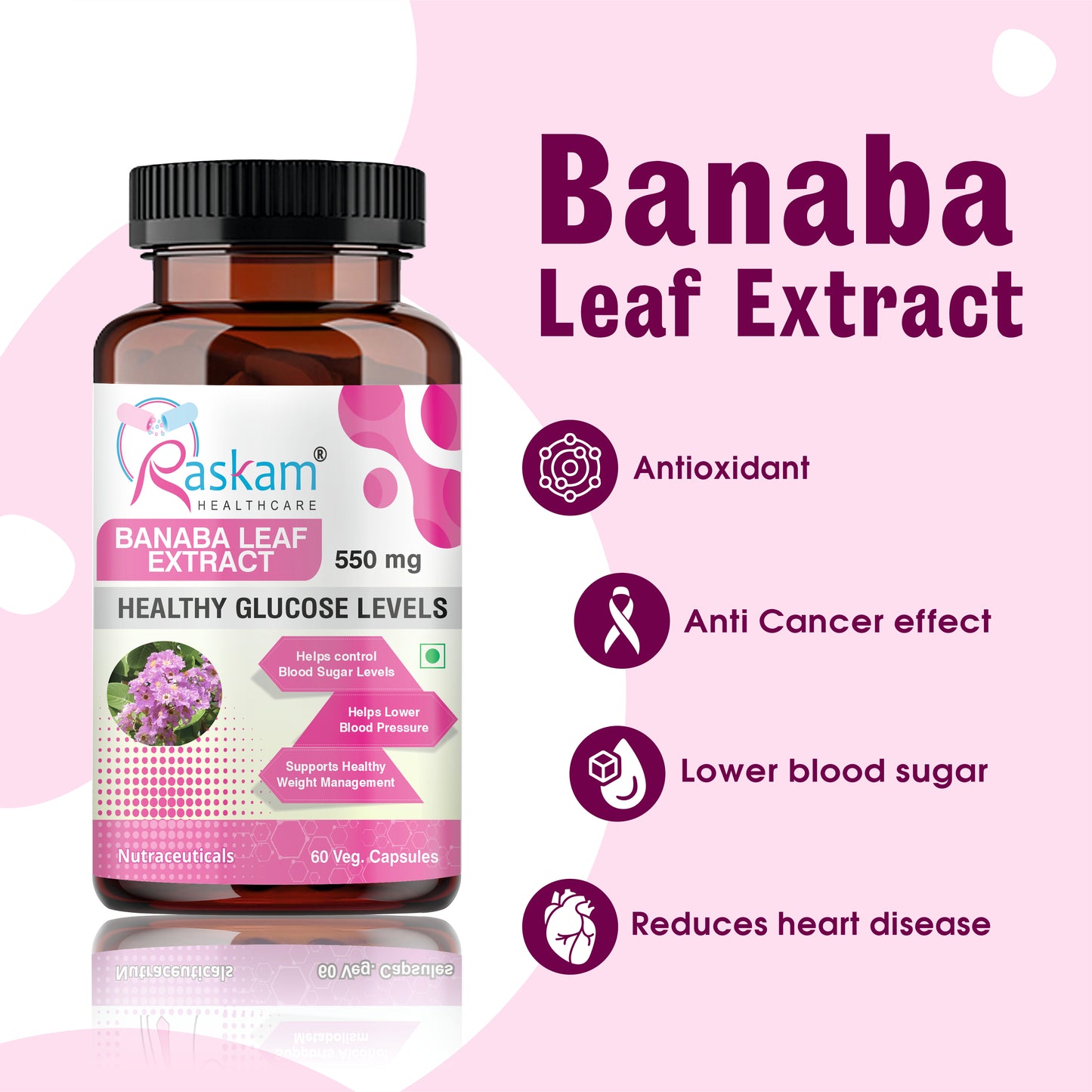Raskam Banaba Leaf Extract 60- Veg Capsules (Non-GMO & Gluten Free) - Supports Healthy Blood Sugar Levels