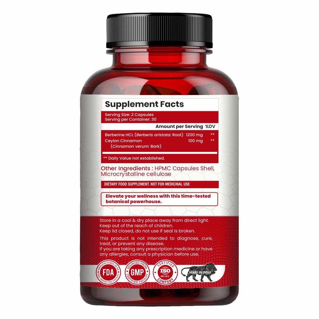 Raskam Healthcare Berberine HCL 1200mg with Ceylon Cinnamon, 60 Vegetarian Capsules, Dietary Supplement