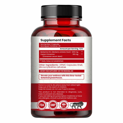 Raskam Healthcare Berberine HCL 1200mg with Ceylon Cinnamon, 60 Vegetarian Capsules, Dietary Supplement