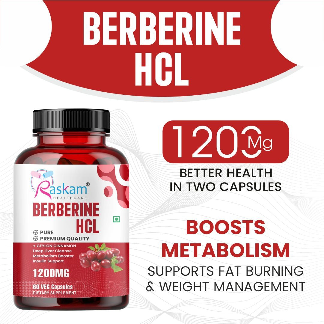 Raskam Healthcare Berberine HCL 1200mg with Ceylon Cinnamon, 60 Vegetarian Capsules, Dietary Supplement