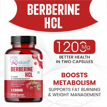 Raskam Healthcare Berberine HCL 1200mg with Ceylon Cinnamon, 60 Vegetarian Capsules, Dietary Supplement