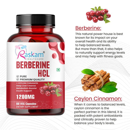 Raskam Healthcare Berberine HCL 1200mg with Ceylon Cinnamon, 60 Vegetarian Capsules, Dietary Supplement