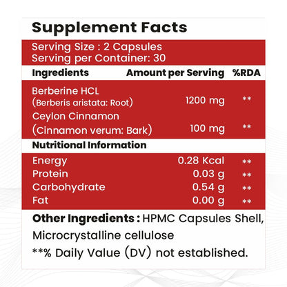 Raskam Healthcare Berberine HCL 1200mg with Ceylon Cinnamon, 60 Vegetarian Capsules, Dietary Supplement