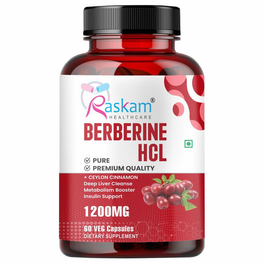 Raskam Healthcare Berberine HCL 1200mg with Ceylon Cinnamon, 60 Vegetarian Capsules, Dietary Supplement