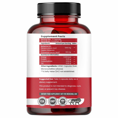 Raskam Healthcare Berberine HCL 1200mg with Ceylon Cinnamon, 60 Vegetarian Capsules, Dietary Supplement