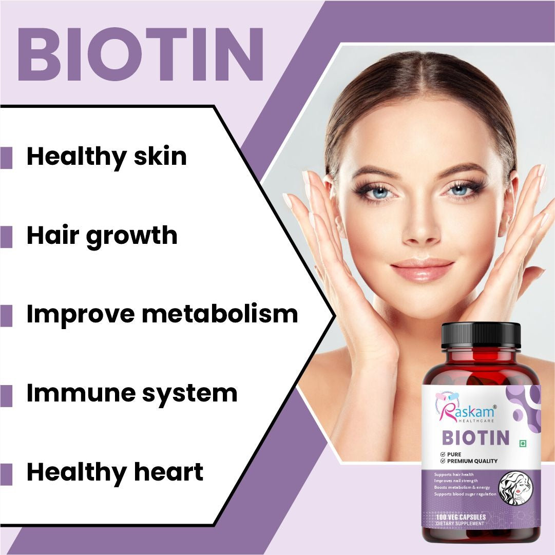 Raskam Biotin - 100 Veg Capsules - Hair Growth, Strong Hair and Glowing Skin, Fights Nail Brittleness