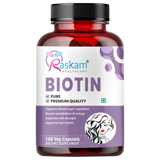Raskam Biotin - 100 Veg Capsules - Hair Growth, Strong Hair and Glowing Skin, Fights Nail Brittleness