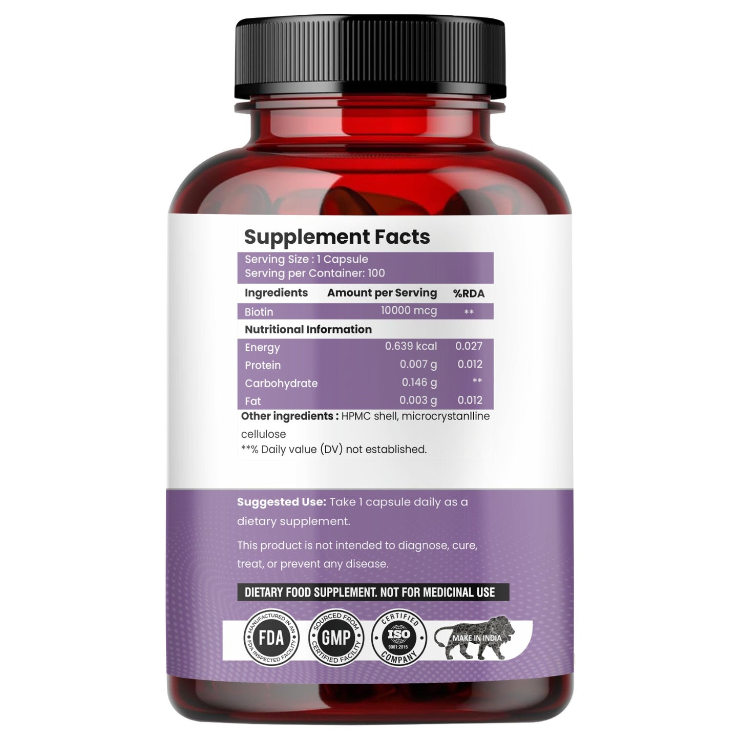 Raskam Biotin - 100 Veg Capsules - Hair Growth, Strong Hair and Glowing Skin, Fights Nail Brittleness