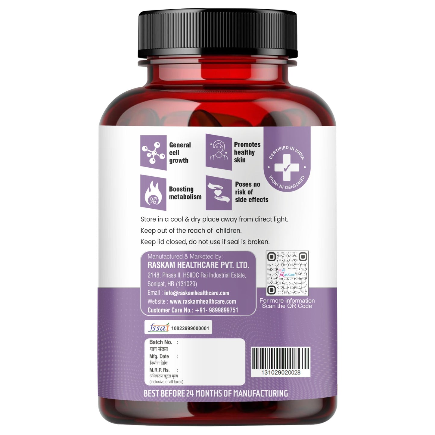 Raskam Biotin - 100 Veg Capsules - Hair Growth, Strong Hair and Glowing Skin, Fights Nail Brittleness