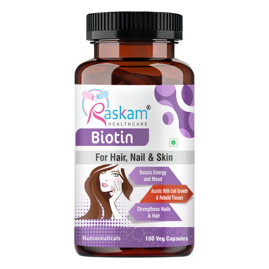 Raskam Biotin - 100 Veg Capsules - Hair Growth, Strong Hair and Glowing Skin, Fights Nail Brittleness