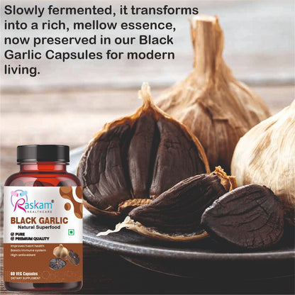 Raskam Natural Black Garlic Capsules Superfood Immunity Booster - Heart & Weight Management - Detox Antioxidant Supplement (60 Veg Capsules)